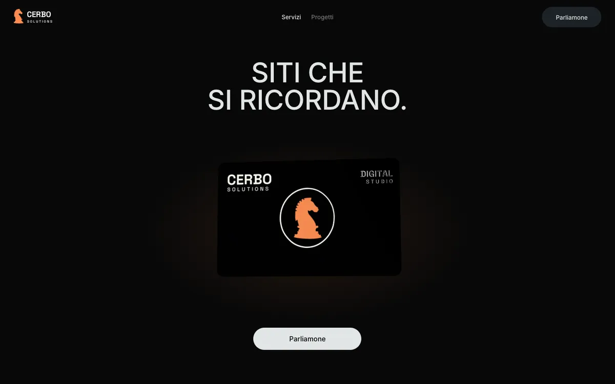 Anteprima della demo Cerbo Card: il titolo Siti che si ricordano sopra una carta nera in 3D con il cavallo arancione del logo