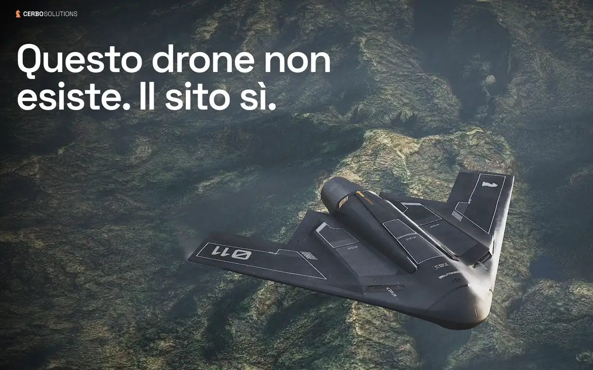 Anteprima della demo Cerbo Delta: un drone ad ala volante in 3D sopra un paesaggio montuoso, con il titolo Questo drone non esiste. Il sito sì.