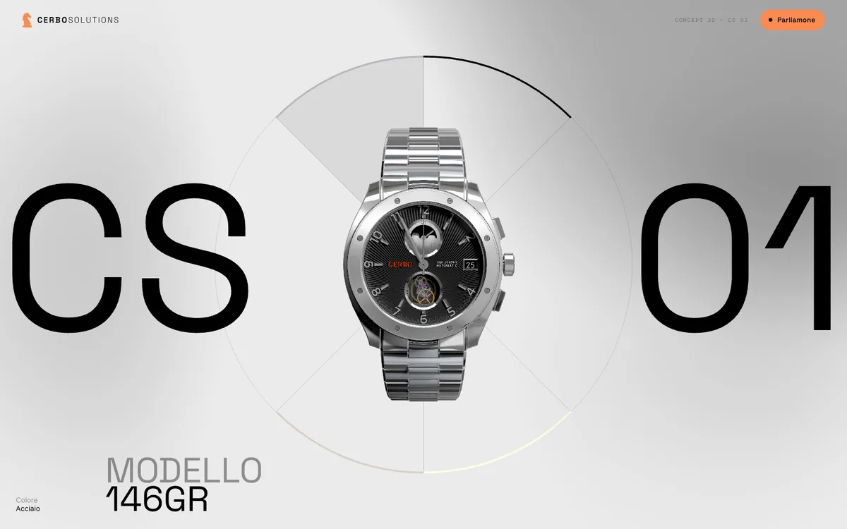 Anteprima della demo CS 01: orologio 3D in acciaio con il marchio CERBO in ambra sul quadrante