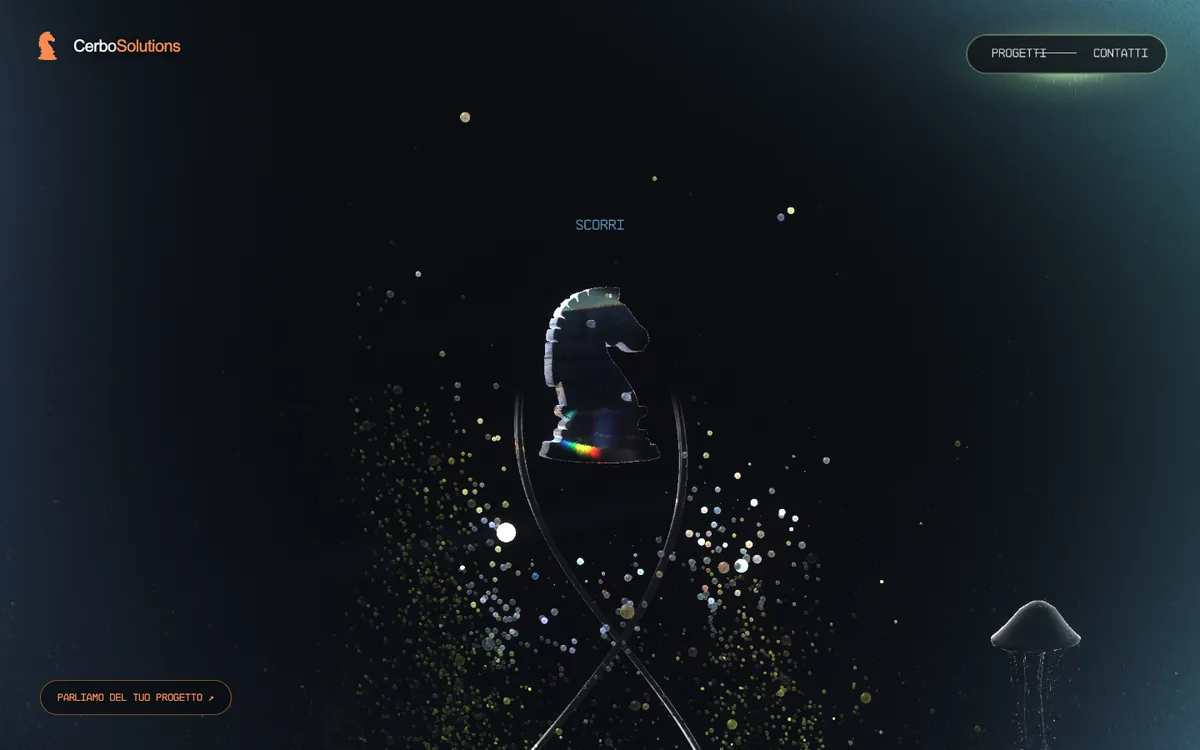 Anteprima della demo Cerbo WebGL: il cavallo degli scacchi del logo in vetro, avvolto da particelle luminose su fondo scuro